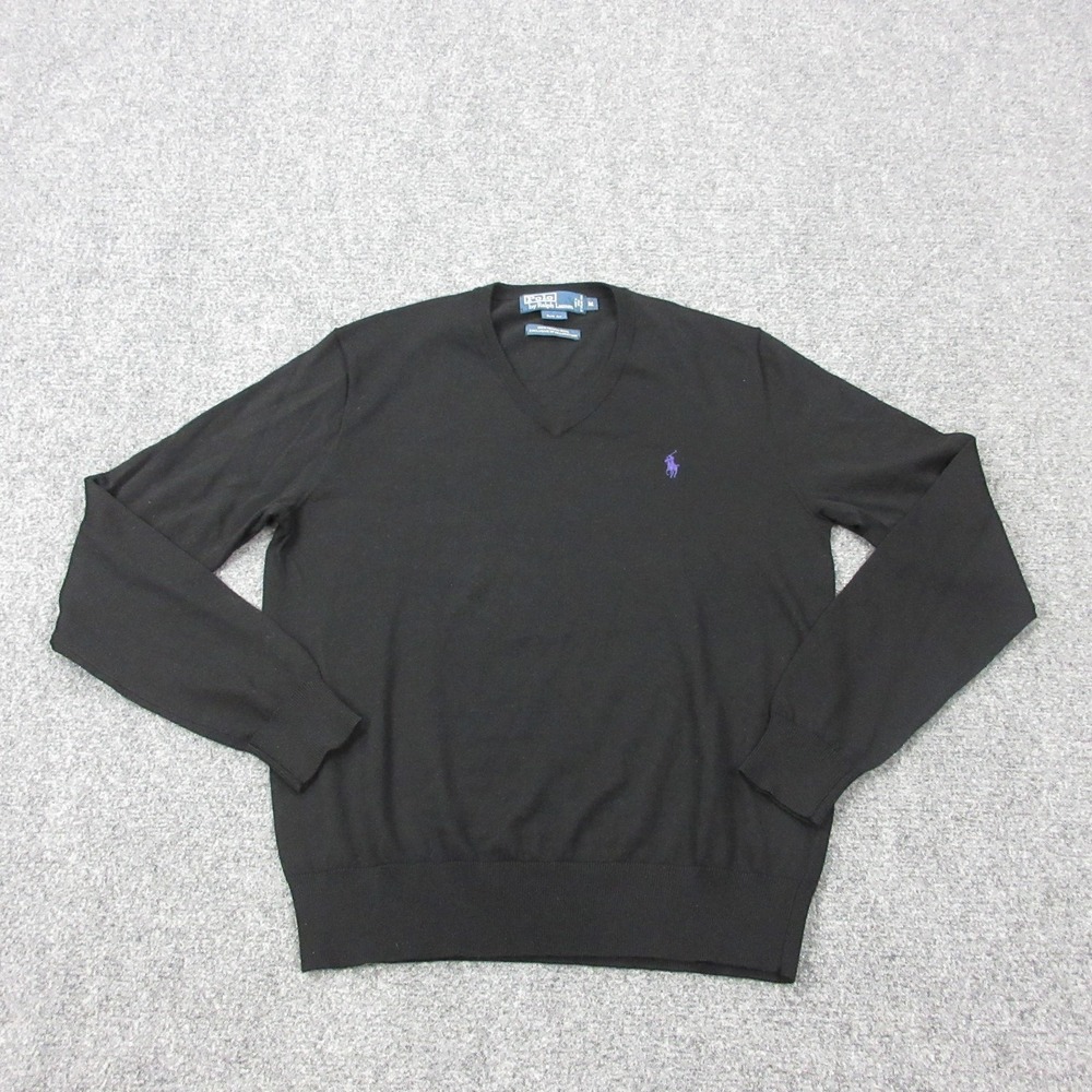 VTG Polo Ralph Lauren Sweater Mens Medium Black V Neck Merino Wool Italian Yarn